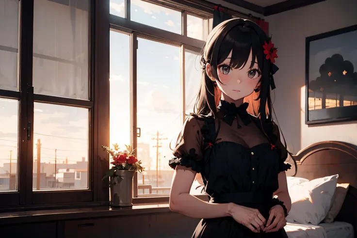 absurdres, (best quality), (masterpiece),(ultra-detailed:1.2),(photorealistic:1.1),ultra high res,
1girl, (long hair:1.2), black smoke rises from head,(soot:1.5),elegant,
 frilled dress, hair ribbon, black skin, hair flower, black hair,red dress, kate, silhouette, dark silhouette, 
 ,black smoke, 
bed room,indoor,