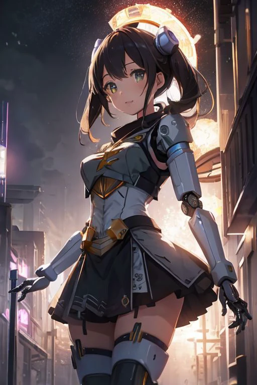 best quality masterpiece, AnchorageV4, 1girl, solo, armor, ((girl is a robot:1.3)), ((electric circuit:1.3)), ((magic, RTX, colorful, post processing)), mechanic arms, mechanical hands, fire, power, city alley, night, rain, thunder,