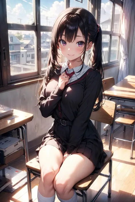 (full body:1.35), soft light, dynamic angle, dynamic postures, long sleeves, dress, school uniform, socks, black dress, eden academy school uniform, girl sitting on a wood chair, evil smile, smirk smile, perfect(anatomy,body,face,hand,leg,foot), beautiful detailed girl, glossy pink lips, Milky skin,( shiny skin:1.2), <lora:cozy animation scenes_20230824111332:0.45>, PIXIV, indoors, school, detailed classroom, snowman, winter, (wide view, wide-angle lens), extremely detailed, CG, 8k Amazing, finely detail, (masterpiece:2.0, best quality), (intricate details, depth of field),, <lora:more_details:0.4>