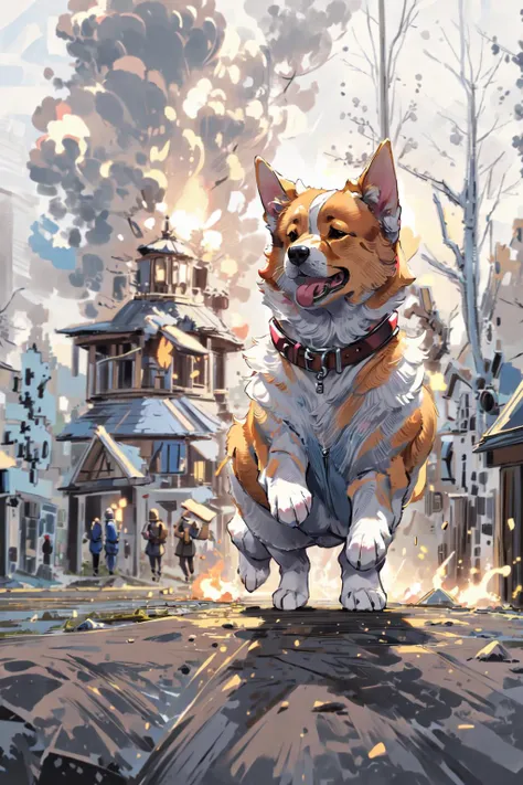 <lora:corgi style by_20231101164707:0.7> , corgi style by snatti , a adorable dog, (masterpiece:1.2), best quality, corgi style by snatti, (full body:1.35), soft light, detailed(glow , shadow), (running like crazy:1.1),
BREAK(beautiful detailed nose, beautiful detailed eyes, perfect anatomy),
BREAK(<lora:DisasterGirlMeme:1>, fire, evil smile, grin, smug , outdoors, IncrsDisasterGirlMeme)
BREAK(<lora:cozy animation scenes_20230824111332:0.4>, PIXIV,cozy animation scenes, scenery, outdoors, detailed wood house village, wide view),
<lora:more_details:0.5>, extremely detailed, CG, 8k Amazing, finely detail, (masterpiece:2.0, best quality), (intricate details, depth of field),