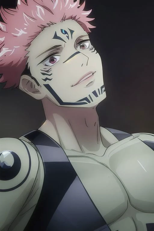 masterpiece, best quality, ultra-detailed, texture, detail eyes,8k, 1boy, Sukuna, a man with pink hair and shirtless, tattoo_ryoumen, tattoo_on_his_face, tattoo on body, looking at viewer, abs, detailed eyes, detailed face, (masterpiece:1.4),(best quality:1.4),(shiny skin),realistic, bright, neon lights, night, midnight, city, cyberpunk, light ,  <lora:sukuna:0.8>