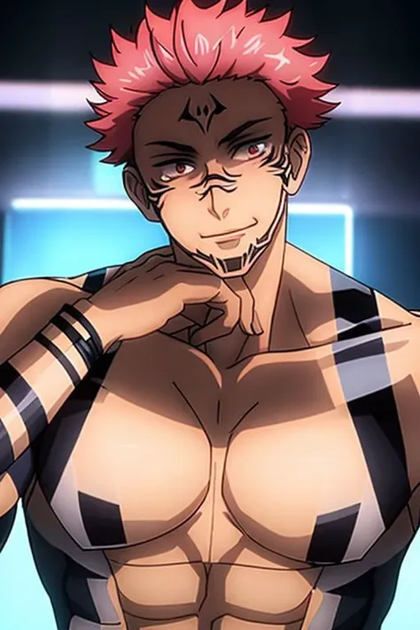 masterpiece, best quality, ultra-detailed, texture, detail eyes,8k, 1boy, Sukuna, a man with pink hair and shirtless, tattoo_ryoumen, tattoo_on_his_face, tattoo on body, looking at viewer, abs, detailed eyes, detailed face, (masterpiece:1.4),(best quality:1.4),(shiny skin),realistic, bright, neon lights, night, midnight, city, cyberpunk, light ,  <lora:sukuna:0.8>