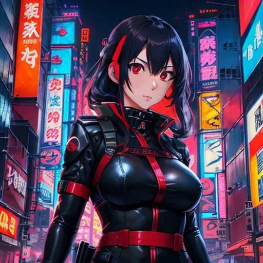 1 woman, 25 years old, Cyberpunk city, high buildings, neon lights, futuristic sports cars, Japanese bilboards, futuristic ninja woman, holding katana, big breasts, futuristic katana, best quality, normal face