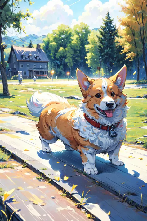 <lora:corgi style by_20231101164707:0.7> , (masterpiece:1.2), best quality,PIXIV, corgi style by snatti, (full body:1.35), soft light, detailed glow, running,
BREAK(beautiful detailed nose, beautiful detailed eyes, perfect anatomy),
BREAK(<lora:cozy animation scenes_20230824111332:0.4>, PIXIV,cozy animation scenes, scenery, outdoors, (running in countryside):1.1, detailed countryside, detailed wood house village, wide view),
<lora:more_details:0.5>, extremely detailed, CG, 8k Amazing, finely detail, (masterpiece:2.0, best quality), (intricate details, depth of field),