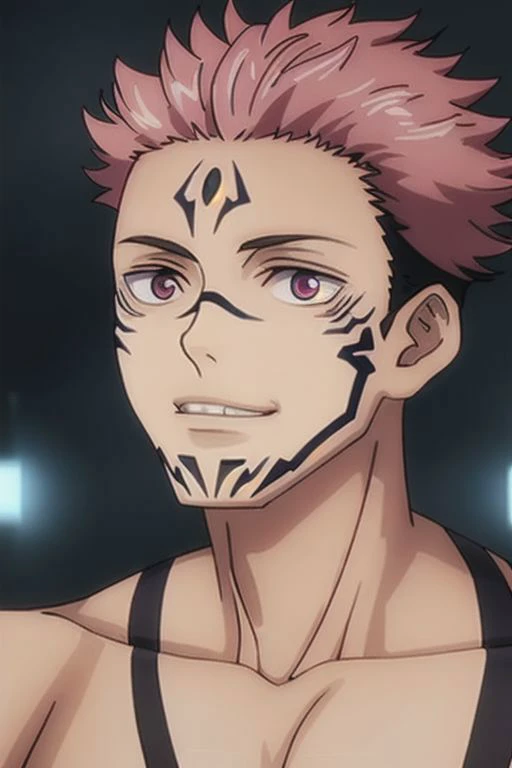 masterpiece, best quality, ultra-detailed, texture, detail eyes,8k, 1boy, Sukuna, a man with pink hair and shirtless, tattoo_ryoumen, tattoo_on_his_face, tattoo on body, looking at viewer, abs, detailed eyes, detailed face, (masterpiece:1.4),(best quality:1.4),(shiny skin),realistic, bright, neon lights, night, midnight, city, cyberpunk, light ,  <lora:sukuna:0.8>