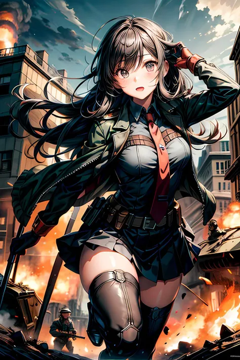 thick outlines, comics, photorealistic, perfect hands, masterpiece:1.2, world war battlefield, world war 2, trench, explosions, tank, riffle, taking cover, headdress, red necktie, military uniform, brown gloves, boots, detailed background, detailed face, detailed eyes, <lora:add_detail:0.7><lora:LORA-XenoDetailer-v2:1.0>
