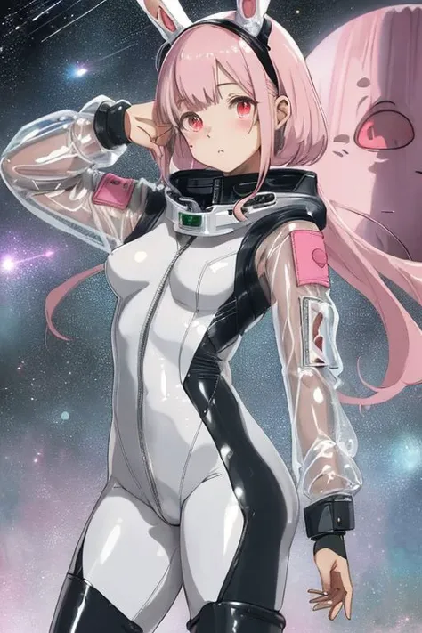 cyberpunk, holland lop bunny kemonomimi, astronaut, girl, pink hair, round eyes, tight suit, full body, two bunny ears, clear latex, large chunky space boots, long hair strands in front, goggles on head, grey suit, extra-large bust, lavender eyes, short hair in back, thigh high boots, asymmetrical catsuit, kind face, large transparent suit patches. super-cropped jacket, zipped up jacket, fine-tune, chunky boots, moon boots, Blame!, Knights of sidonia, gantz, body harness, silver hair streaks, lime green details