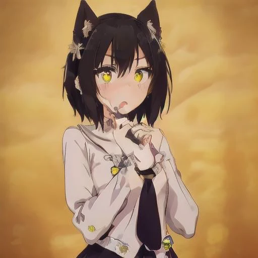 chii, suimori, chii suimori, murenase, 1 girl, dark black hair, short hair, clear forehead, no strands, small breasts, short stature, only animal ears, hairy ears, skin-colored vampire bat ears, purple eyesserafuku, skirt, pleated skirt, serafuku, white skirt, shirt, purple shirt, sailor collar, white sailor collar, long sleeves, scarf, yellow scarf, empty look, serious look ( (REST < lyco:GoodHands-beta2:1>, (masterpiece:1.2) , best quality, high resolution, unity 8k wallpaper, (artwork:0.8), (beautiful detailed eyes:1.6), extremely detailed face, perfect lighting, extremely detailed CG (perfect hands, perfect anatomy),