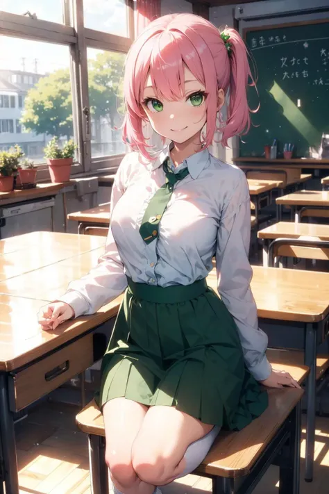 anya forger, bangs, (green eyes:1.5), pink hair, ahoge, hair ornament, child, female child, solo, 1girl, adorable, mature female, MILF, (full body:1.35), soft light, dynamic angle, dynamic postures, long sleeves, dress, school uniform, socks, black dress, eden academy school uniform, girl sitting on a wood chair, evil smile, smirk smile, perfect(anatomy,body,face,hand,leg,foot), beautiful detailed girl, glossy pink lips, Milky skin,( shiny skin:1.2), <lora:cozy animation scenes_20230824111332:0.45>, PIXIV, indoors, school, detailed classroom, snowman, winter, (wide view, wide-angle lens), extremely detailed, CG, 8k Amazing, finely detail, (masterpiece:2.0, best quality), (intricate details, depth of field)