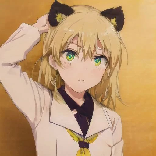High quality! Mei-Mei (Murenase Seton Gakuen), a blonde girl, with completely black panda ears, golden eyes,, serafuku, skirt, pleated skirt, serafuku, white skirt, shirt, purple shirt, sailor collar, white sailor collar, long sleeves, scarf, yellow scarf, empty look, serious look ( (REST < lyco:GoodHands-beta2:1>, (masterpiece:1.2) , best quality, high resolution, unity 8k wallpaper, (artwork:0.8), (beautiful detailed eyes:1.6), extremely detailed face, perfect lighting, extremely detailed CG (perfect hands, perfect anatomy),