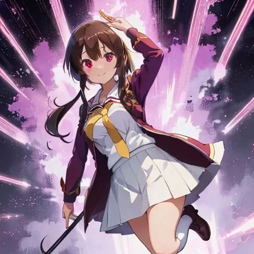 Mksks style, murenase, high quality, 1 girl, crimson red eyes, white shoes, cane, patch boots, left eye patch(red patch), short hair with long locks, bangs, breasts, leg up, long sleeve, short hair, brown hair, looking at viewer, flat breasts, open hand, serafuku purple jacket, purple, jacket, white shirt, white skirt, white, skirt, yellow tie, single, smile, alone, standing on one leg, shoes, thighs, very long hair, white thighs, megumin, kono subarashii sekai ni shukufuku wo!,