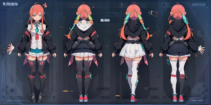 ((1girl)), multiple views, aqua_hair, character_sheet, from_behind, hooded_jacket, letterboxed, long_hair, long_sleeves, multicolored_hair, multiple_views, school_uniform, micro skirt, thighhighs, turnaround, full body <lora:multiple views:1>