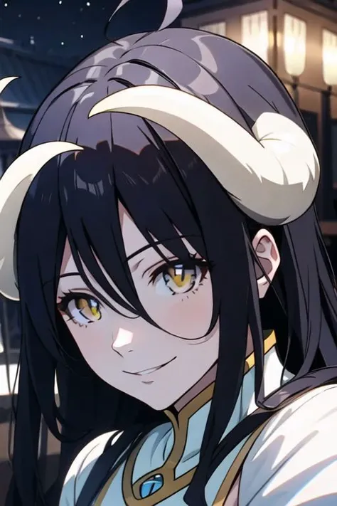 albedow,huge breasts,seductive smile,
(best quality, masterpiece), unity 8k wallpaper,official art,extremely detailed CG,,face focus,eye focus,(night temple:1.2),looking at viewer,
