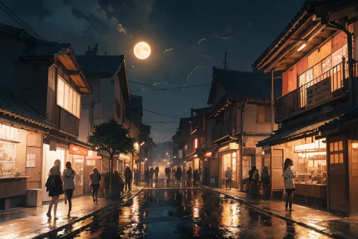 A stunning, vivid view of a realistic Japanese city at night illuminated by a full moon's glow and strings of lanterns, cinematic scene, (cinematic:1.5), extremely detailed. Cherry blossom trees in full bloom line the riverbank, petals blowing gently in the wind. Traditional Japanese architecture and lively city streets bustling with people. Lanterns and neon signs emit a soft warm light that reflects off the water and wet streets. Dramatic nighttime lighting creates a moody, atmospheric scene. Realistic depth of field keeps background softly blurred, draws focus to detailed foreground. (film grain), (by Makoto Shinkai:1.2). Vibrant pinks of cherry blossoms contrast with deep blues and purples of the night sky. No motion blur, crystal clear image, 8k resolution, incredible realism and detail., (Extremely Detailed Oil Painting:1.2), glow effects, godrays, Hand drawn, render, 8k, octane render, cinema 4d, blender, dark, atmospheric 4k ultra detailed, cinematic sensual, Sharp focus, humorous illustration, big depth of field, Masterpiece, colors, 3d octane render, 4k, concept art, trending on artstation, hyperrealistic, Vivid colors, extremely detailed CG unity 8k wallpaper, trending on ArtStation, trending on CGSociety, Intricate, High Detail, dramatic