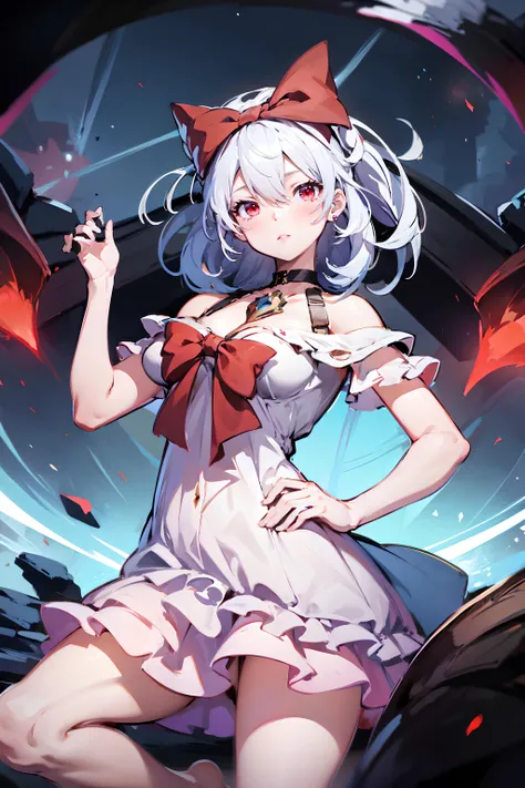 <lora:Sinestrea_AoV:0.8>, sinestrea_aov, 1girl, solo, long hair, simple background, dress, white dress, bow, bare shoulders, very long hair, white hair, hair bow, frills, parted lips, barefoot, choker, white dress, hair over one eye, red bow, blood, makeup, (masterpiece),((ultra-detailed)), (highly detailed CG illustration),(expressionless), (best quality:1.2), aov_background, flower garden, rose garden