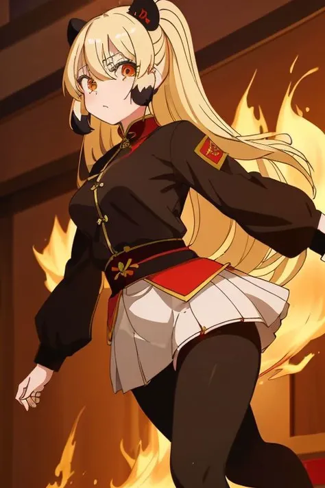 Mei-Mei (Murenase Seton Gakuen), a blonde girl, with completely black panda ears, golden eyes, with a serious expression, wears a red and black suit, a uniform that resembles the ancient armor of the Chinese dynasty, which has a golden border, the fire emblem (Avatar, the last master making fire with his hands.