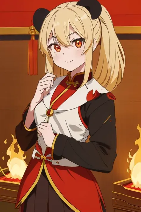 Mei-Mei (Murenase Seton Gakuen), a blonde girl, with completely black panda ears, golden eyes, with a serious expression, wears a red and black suit, a uniform that resembles the ancient armor of the Chinese dynasty, which has a golden border, the fire emblem (Avatar, the last master making fire with his hands.