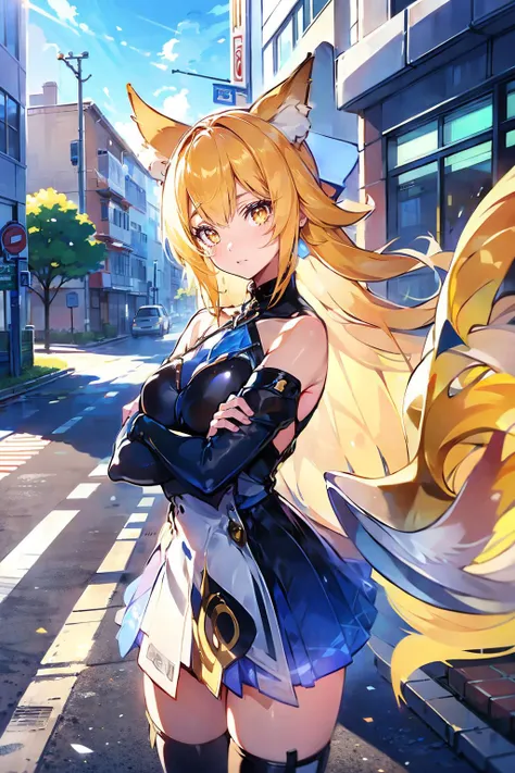 <lora:Liliana_Witching_Hour_ AoV_Model_LoRA:0.8>, Liliana_Witching_Hour, 1girl, solo, hat, witch hat, long hair, animal ears, fox ears, animal ear fluff, blonde hair, bangs, earrings, looking at viewer, yellow eyes, lips, closed mouth, bare shoulders, breasts, large breasts, dress, blue dress, black dress, gloves, black gloves, fingerless gloves, skirt, white skirt, thighhighs, white thighhighs, white footwear, tail, fox tail, fox girl, ((cat, black cat)), glowing
, upper body
, outdoors, sky, day, cloud, blue sky, building, scenery, sign, road, lamppost, street, road sign, traffic light, crosswalk, best quality, ultra high res, (photorealistic:1.4), masterpiece, real life skin, hyper real
