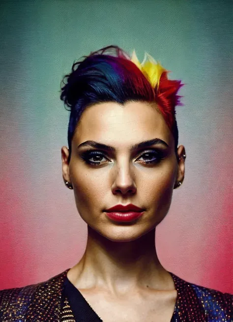 portrait of sks woman by Flora Borsi, style by Flora Borsi, bold, bright colours, rainbow Mohawk haircut, ((Flora Borsi)), <lora:locon_gal_v1_from_v1_64_32:1.25>