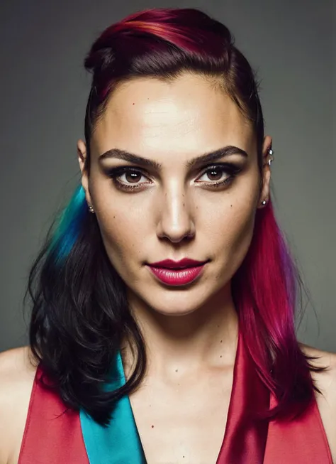 portrait of sks woman by Flora Borsi, style by Flora Borsi, bold, bright colours, rainbow Mohawk haircut, ((Flora Borsi)), <lora:locon_gal_v1_from_v1_64_32:1.25>
