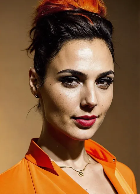portrait of sks woman by Flora Borsi, style by Flora Borsi, bold, bright colours, orange Mohawk haircut, ((Flora Borsi)), <lora:locon_gal_v1_from_v1_64_32:1.25>