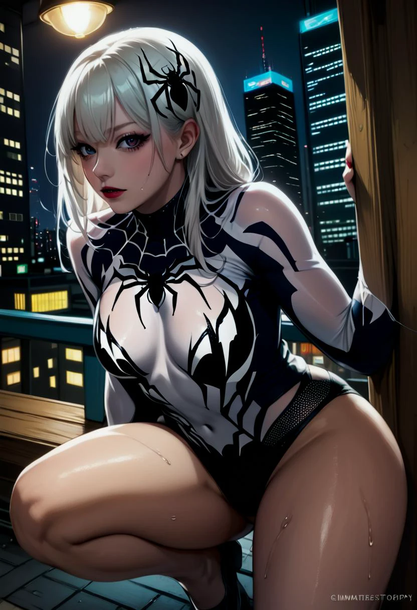 behind pose, <lora:_sdxl-hipbom:0.5>. Woman late twenties, (Emma Stone:1.3) as (((Ghost Spider Gwen))) in a full Ghost Spider outfit inspired by Venom, showing off her behind, Marvel, Spiderverse style, Tokyo night, athletic, slightly sweating, athletic, digital painting, exquisite composition and lighting, dynamic angle, Perfect Hands, (cinematic photography:1.2), (realistic skin texture:1.4)