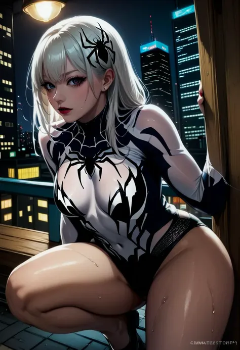 behind pose, <lora:_sdxl-hipbom:0.5>. Woman late twenties, (Emma Stone:1.3) as (((Ghost Spider Gwen))) in a full Ghost Spider outfit inspired by Venom, showing off her behind, Marvel, Spiderverse style, Tokyo night,  athletic, slightly sweating,  athletic, digital painting, exquisite composition and lighting, dynamic angle, Perfect Hands,  (cinematic photography:1.2), (realistic skin texture:1.4)