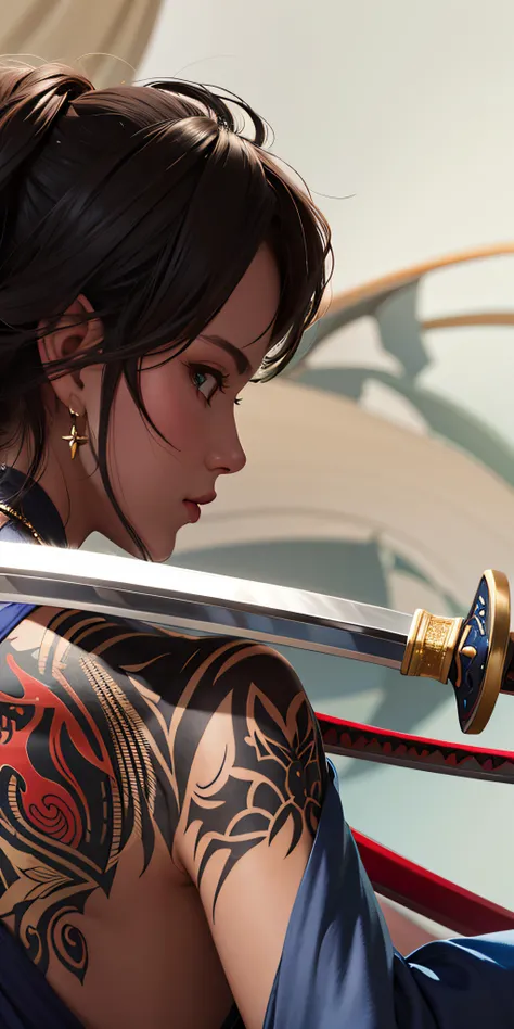 1girl, back_tattoo, bare_shoulders, black_hair, blurry, blurry_background, depth_of_field, drawing_sword, earrings, gloves, holding_sheath, holding_sword, holding_weapon, jewelry, katana, multiple_swords, ootachi, scabbard, sheath, sheathed, solo, sword, tattoo, unsheathing, upper_body, weapon, looking at viewer,