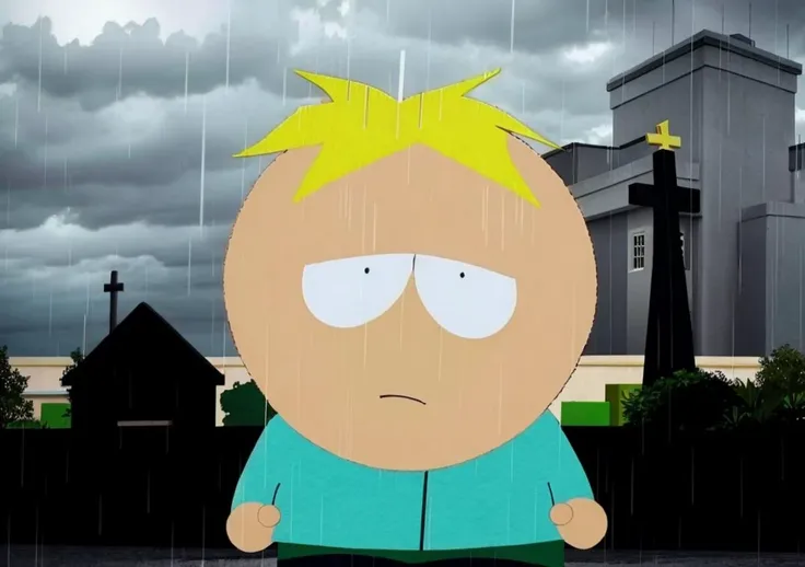 ( closeup of butters standing.:1.2) in a cemetery . a building_egyptian in the background. ((two black pupils)).blonde hair, black eyes. <lora:buttersstotch:1> flat shading. flat colors. art style of comedy central south park tv show. ( best quality, high quality, highres, ultra-detailed), <lora:EdobGraveyardEngland_v1.0:0.25> edobgraveyardengland, dark clouds. heavy raining. <lora:Building_Egyptian:0.3>