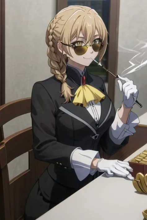 best quality, masterpiece, highres, solo, {black business suit:1.40}, {tie:1.20}, {sunglasses:1.25}, {white gloves:1.15}, {white shirt:1.10}, {black skirt:1.15}, {smoking:1.20}, handsome, {guild_girl_goblinslayer:1.15}, blonde_hair, braid, yellow_eyes, long_hair, ascot, hair_between_eyes, smile, anime_coloring