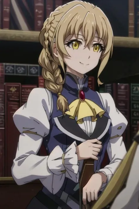 best quality, masterpiece, highres, solo, {guild_girl_goblinslayer:1.15}, blonde_hair, braid, yellow_eyes, long_hair, ascot, hair_between_eyes, smile, anime_coloring, 1girl, long_sleeves, puffy_sleeves, indoors, brooch, quill