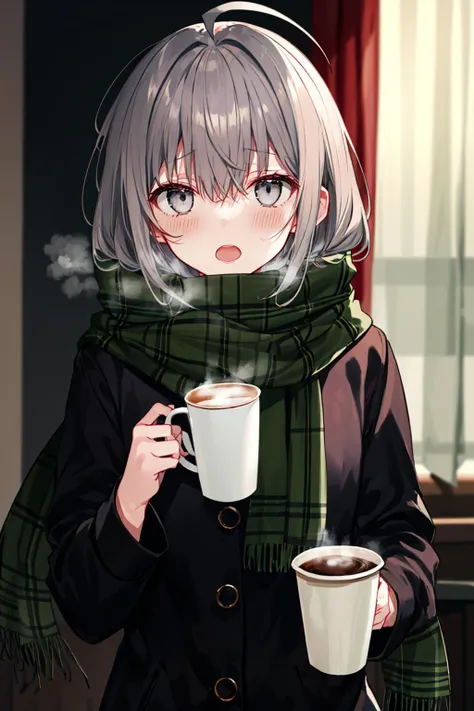 scarf, plaid_scarf, 1girl, steam, breath, red_scarf, can, solo, holding_can, disposable_cup, cup, holding, looking_at_viewer, enpera, eyebrows_visible_through_hair, plaid, fringe_trim, coffee_cup, upper_body, coffee, holding_cup, blurry, bangs, open_mouth, hair_between_eyes, blurry_background, silver_hair, long_sleeves, brown_scarf, depth_of_field, blush, jacket, long_hair, ahoge, grey_eyes, grey_hair, curtains <lora:style_Kazutakewazano:1>