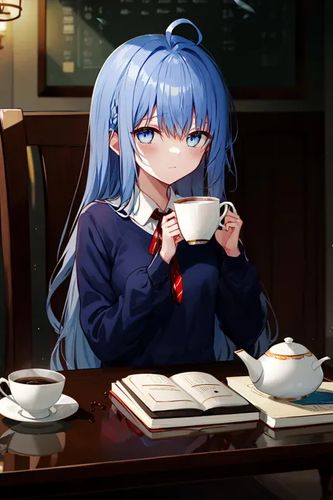 cup, 1girl, teacup, book, open_book, reading, long_hair, sitting, coffee, tea, holding_book, solo, saucer, table, very_long_hair, looking_at_viewer, blue_eyes, long_sleeves, ribbon, red_ribbon, striped, shirt, skirt, neck_ribbon, mug, bangs, tray, blue_hair, teapot, eyebrows_visible_through_hair, holding, coffee_mug, closed_mouth, ahoge, menu, notebook, vertical_stripes, red_neckwear, silver_hair, blue_shirt, hair_between_eyes, expressionless <lora:style_Kazutakewazano:1>
