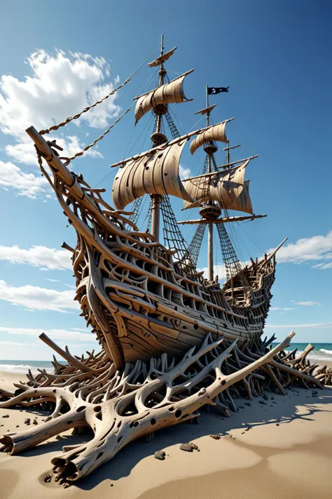 (drift wood washes up on the shore, all the tiny parts of drift wood form together to create a perfect shape of a huge Driftwood pirate ship), abstract, 3d render, strong, insanely intricate details, (masterpiece), (from below), natures art work, UHD, <lora:Driftwood_Detailed_Art_-_By_DICE:0.5> driftwood pirate ship,