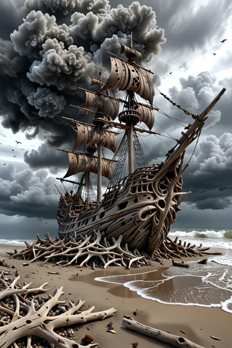 (drift wood washes up on the shore, all the tiny parts of drift wood form together to create a perfect shape of a huge Driftwood pirate ship), Epic Cinematic scene, creepy, Grey smoke, storm clouds, 3d render, strong, insanely intricate details, (masterpiece), (from below), natures art work, UHD, <lora:Driftwood_Detailed_Art_-_By_DICE:0.5> driftwood pirate ship,