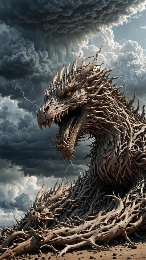 (huge Driftwood Dragon), Epic Cinematic scene, creepy, Grey smoke, storm, (large dark clouds), lightning bolts, 3d render, strong, insanely intricate details, (masterpiece), UHD, <lora:Driftwood_Detailed_Art_-_By_DICE:0.7>, driftwood, <lora:Jugg_XL_Cinematic_Beasts:0.7>, (DEVIL SPAWN clouds)