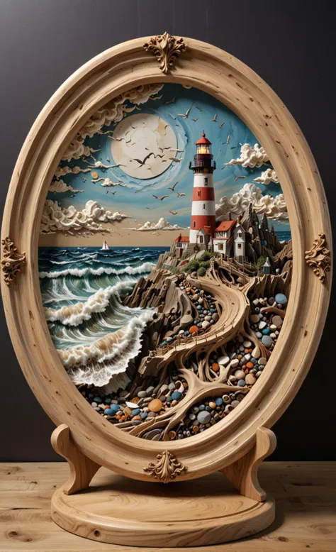 round plate on a display stand, hand Carved, 3D Seascape, abstract art, Carving, EPIC, Marbled Effect, <lora:3D_Framed_Wall_Art_-_By_DICE:0.4>, (3D Framed, Lighthouse), UHD, <lora:Driftwood_Detailed_Art_-_By_DICE:0.8> , driftwood Lighthouse, 3D