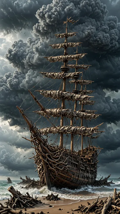 (huge Driftwood pirate ship), Epic Cinematic scene, creepy, Grey smoke, storm, (large dark clouds), lightning bolts, 3d render, strong, insanely intricate details, (masterpiece), UHD, <lora:Driftwood_Detailed_Art_-_By_DICE:0.7>, driftwood pirate ship, <lora:Jugg_XL_Cinematic_Beasts:0.99>, (DEVIL SPAWN clouds)