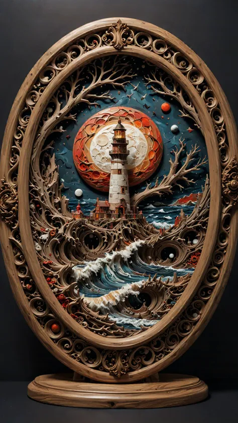 Oval plate on a display stand, hand Carved, 3D Seascape, Lighthouse at night, Red Moon glow above the rough choppy waves of the sea, abstract art, Carving, Ultra Intricacies, EPIC, <lora:3D_Framed_Wall_Art_-_By_DICE:0.6>, (3D Framed, display), <lora:Driftwood_Detailed_Art_-_By_DICE:0.6> , driftwood Lighhouse, Painstaking Attention To Details, UHD