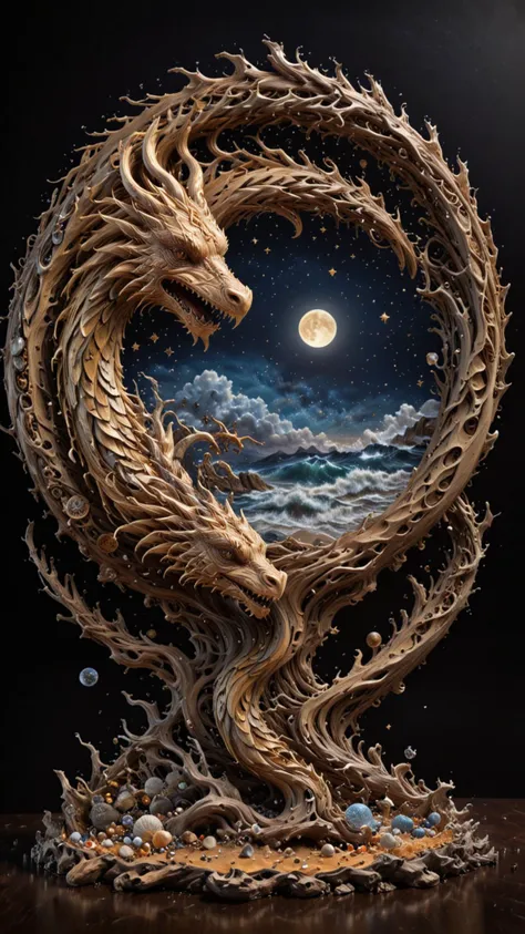 round plate on a display stand, hand Carved, 3D Seascape, abstract art, Carving, Ultra Intricacies, EPIC, <lora:3D_Framed_Wall_Art_-_By_DICE:0.4>, (3D Framed, Plate), <lora:Driftwood_Detailed_Art_-_By_DICE:0.8> , driftwood dragon, Painstaking Attention To Details, UHD, <lora:Milky-Way_Sky_-_By_DICE_For_Cosmogonaut:1>, Milky Way, Night sky <lora:Liquid_Fluid_Metal_XL_-_By_DICE:0.87>, GOLD LIQUID METAL