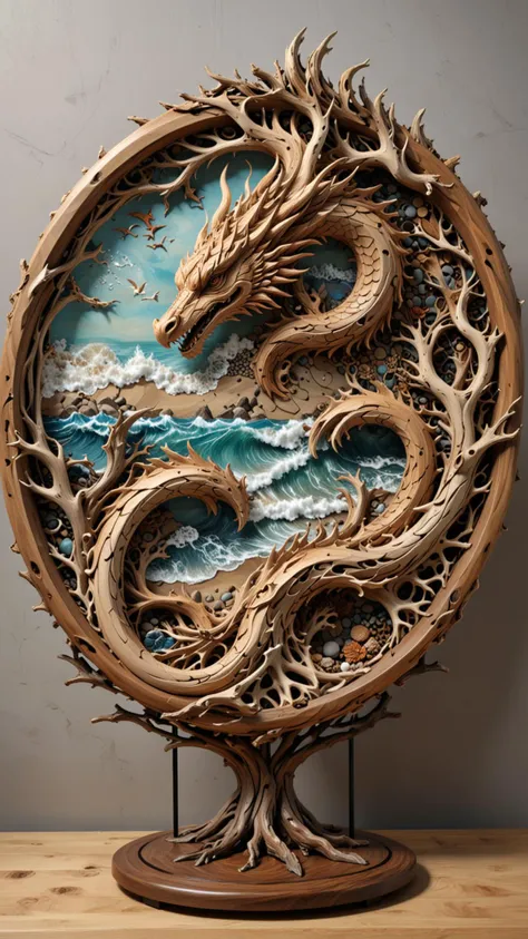 round plate on a display stand, hand Carved, 3D Seascape, abstract art, Carving, EPIC, <lora:3D_Framed_Wall_Art_-_By_DICE:0.4>, (3D Framed, Plate), UHD, <lora:Driftwood_Detailed_Art_-_By_DICE:0.8> , driftwood dragon