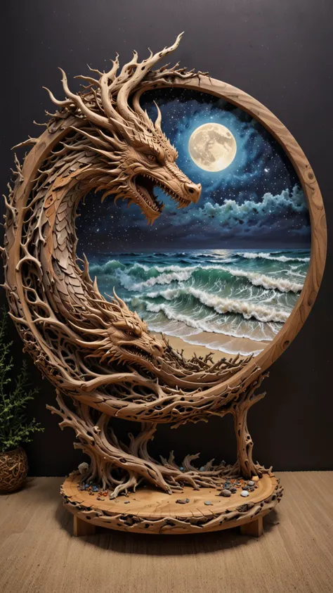 round plate on a display stand, hand Carved, 3D Seascape, abstract art, Carving, Ultra Intricacies, EPIC, <lora:3D_Framed_Wall_Art_-_By_DICE:0.4>, (3D Framed, Plate), <lora:Driftwood_Detailed_Art_-_By_DICE:0.8> , driftwood dragon, Painstaking Attention To Details, UHD, <lora:Milky-Way_Sky_-_By_DICE_For_Cosmogonaut:1>, Milky Way, Night sky