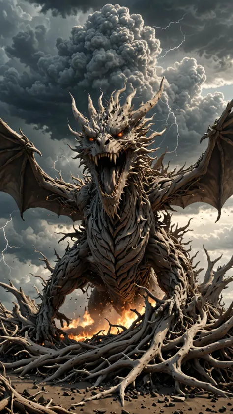 huge Driftwood Dragon, Spreading wings, Epic Cinematic scene, creepy, Grey smoke, storm, large dark clouds, lightning bolts, 3d render, strong, insanely intricate details, masterpiece, UHD, <lora:Driftwood_Detailed_Art_-_By_DICE:0.5>, driftwood, <lora:Jugg_XL_Cinematic_Beasts:0.6>, (DEVIL SPAWN clouds)