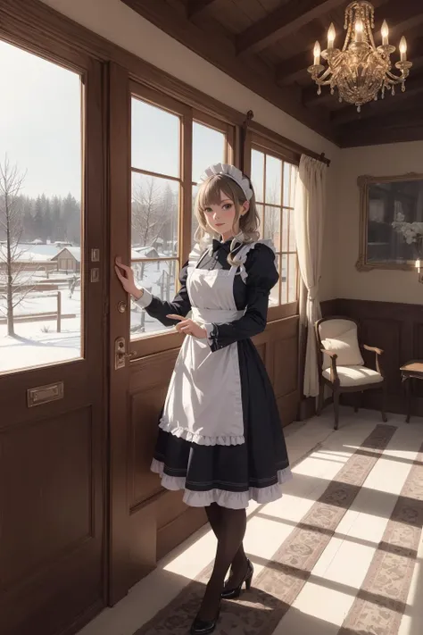 Russian Maid (19th Century): A (cute young girl:1.1) with blonde hair, blue eyes, fair skin, tall, wearing a dark-colored dress, often long-sleeved and full-length, combined with a white apron, and occasionally a small cap or headscarf, (stockings:1.1). Amidst the opulence of a Tsarist dacha, with ornate woodwork, rich tapestries, a samovar steaming in the corner, against the backdrop of a snow-covered landscape viewed through a frost-laced window.