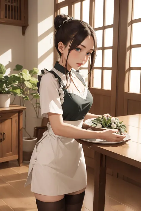 Philippine Maid (Late 20th Century): A (cute young girl:1.1) with long dark hair tied in a bun, brown eyes, tan skin, medium build, wearing a functional (maid uniform1.2), often a dress or a blouse and skirt in plain or pastel colors, (stockings:1.1). The setting is a modest Filipino home with woven bamboo walls, capiz shell windows, hardwood furniture, a dining table adorned with a banana leaf placemat, and the comforting scent of adobo wafting from the kitchen.