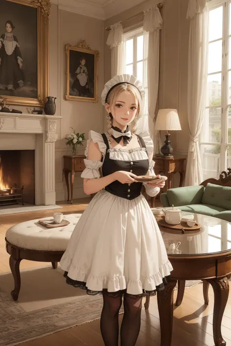French Maid (Early 20th Century): A (cute young girl:1.1) with curly blonde hair, bright green eyes, light skin, petite, wearing a short, black (maid dress1.2) with white lace trim, a full white apron, a cap, and sometimes carrying a feather duster, (stockings:1.1). Set within a quintessentially Parisian apartment, adorned with gold and white trimmings, high ceilings, tall windows with heavy velvet drapes, ornate furniture adorned with gold leaf, a fireplace flickering warmly, and delicate china arranged meticulously on a polished wooden table.