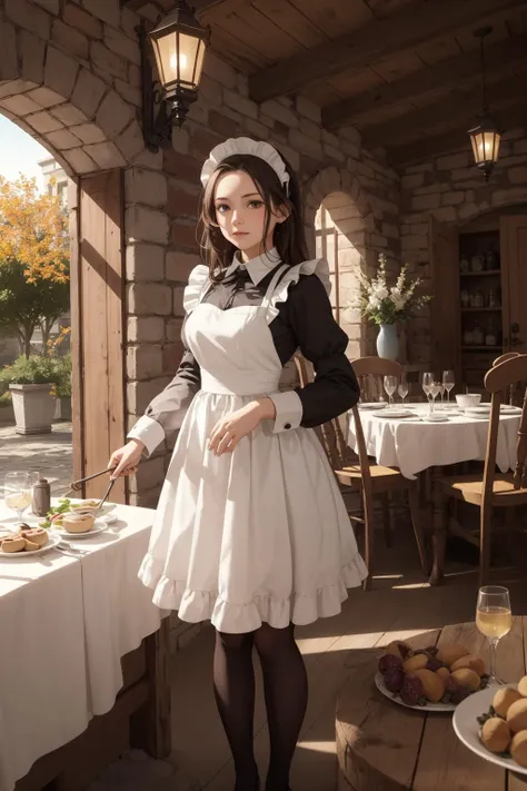 Spanish Maid (Early 20th Century): A (cute young girl:1.1) with wavy black hair, dark brown eyes, olive skin, slender, wearing a dark-colored (maid dress1.2) with a full skirt, long sleeves, a white apron, and potentially a headscarf, (stockings:1.1). In a rustic Spanish villa, surrounded by aged brick walls, wooden beamed ceilings, ornate tilework, a large family table set with tapas, overlooking a courtyard with an orange tree, the air filled with the sweet scent of azahar.