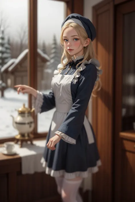realistic ,Russian Maid (19th Century): A (cute young girl:1.1) with blonde hair, blue eyes, fair skin, tall, wearing a dark-colored dress, often long-sleeved and full-length, combined with a white apron, and occasionally a small cap or headscarf, (stockings:1.1). Amidst the opulence of a Tsarist dacha, with ornate woodwork, rich tapestries, a samovar steaming in the corner, against the backdrop of a snow-covered landscape viewed through a frost-laced window. <lora:tangbohu_blurbg_v2:3> <lora:tangbohu-detailer_1.0:0.5>