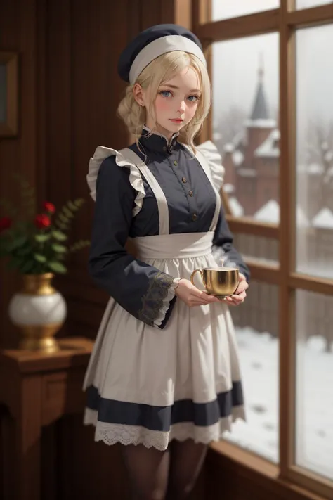 realistic ,Russian Maid (19th Century): A (cute young girl:1.1) with blonde hair, blue eyes, fair skin, tall, wearing a dark-colored dress, often long-sleeved and full-length, combined with a white apron, and occasionally a small cap or headscarf, (stockings:1.1). Amidst the opulence of a Tsarist dacha, with ornate woodwork, rich tapestries, a samovar steaming in the corner, against the backdrop of a snow-covered landscape viewed through a frost-laced window. <lora:tangbohu_blurbg_v2:3> <lora:tangbohu-detailer_1.0:0.5>