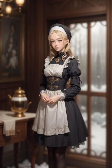 realistic ,Russian Maid (19th Century): A (cute young girl:1.1) with blonde hair, blue eyes, fair skin, tall, wearing a dark-colored dress, often long-sleeved and full-length, combined with a white apron, and occasionally a small cap or headscarf, (stockings:1.1). Amidst the opulence of a Tsarist dacha, with ornate woodwork, rich tapestries, a samovar steaming in the corner, against the backdrop of a snow-covered landscape viewed through a frost-laced window. <lora:tangbohu_blurbg_v2:3> <lora:tangbohu-detailer_1.0:0.5>